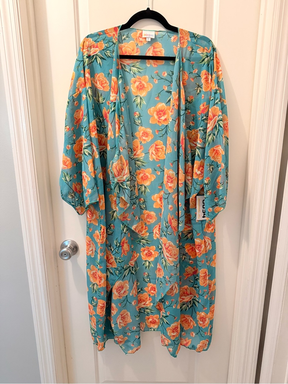 LuLaRoe Teal Floral Duster with Peach Roses